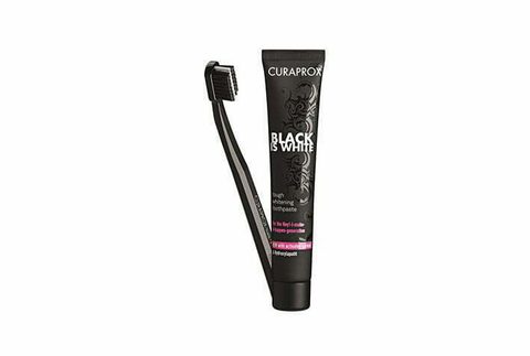 CURAPROX Black Is White Сет паста за белење заби, 90 мл + четка за заби