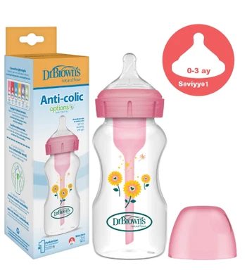 DR. BROWN'S Anti-Colic Options+ Пластично шише за бебе, со широко грло, Pink Floral Starburst (0+ месеци), 270 мл