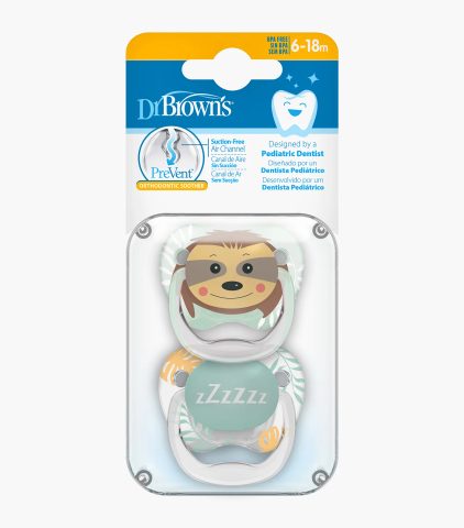 DR. BROWN'S Prevent Animal Faces Ортодонтски силиконски цуцли лажалки, дизајн - мрзливец (6-18 месеци), 2 парчиња