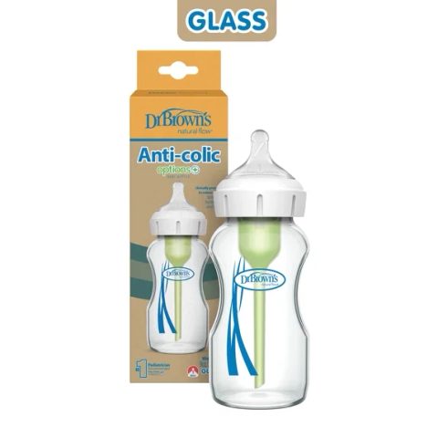 DR. BROWN'S Anti-Colic Options+ Стаклено шише за бебе, со широко грло (0+ месеци), 270 мл