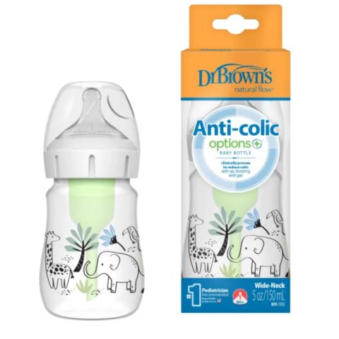 DR. BROWN'S Anti-Colic Options+ Пластично шише за бебе, со широко грло, Jungle (0+ месеци), 150 мл