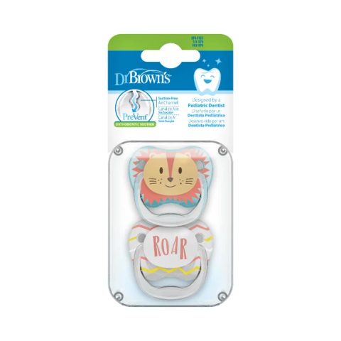DR. BROWN'S Prevent Animal Faces Ортодонтски силиконски цуцли лажалки, дизајн - лавче (0-6 месеци), 2 парчиња