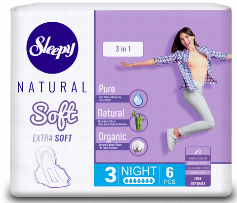SLEEPY Natural Soft Хигиенски влошки, ноќни (величина 3), 6 парчиња