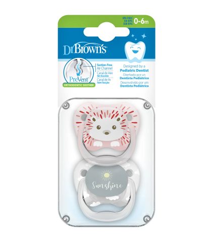 DR. BROWN'S Prevent Animal Faces Ортодонтски силиконски цуцли лажалки, дизајн - еже (0-6 месеци), 2 парчиња